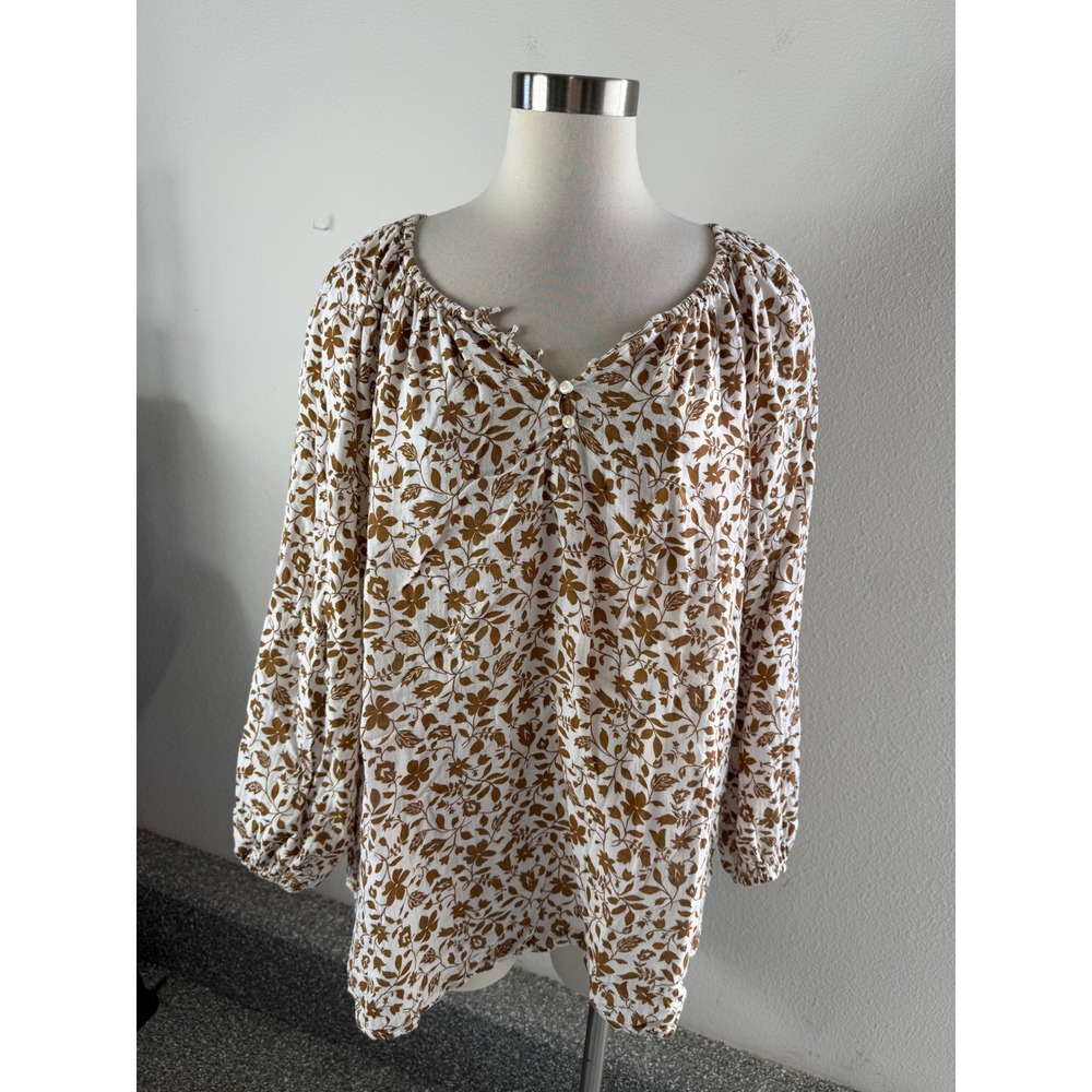 Old Navy Womens Plus XXL Brown Floral Cotton Gauze Long Sleeve Peasant Blouse